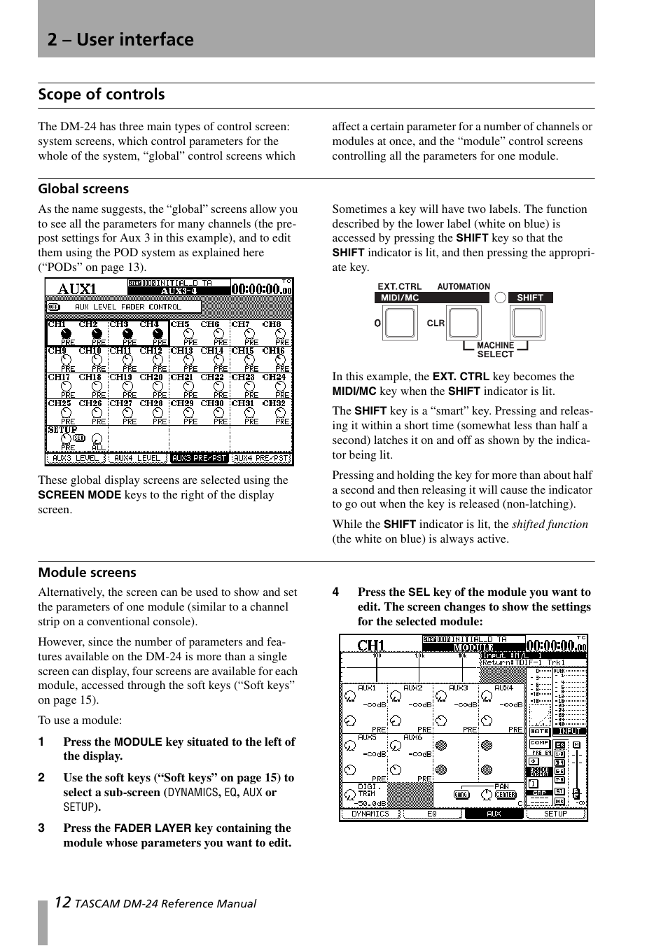 2 – user interface, Scope of controls, Global screens | Module screens, Global screens module screens | Teac DM-24 User Manual | Page 12 / 146