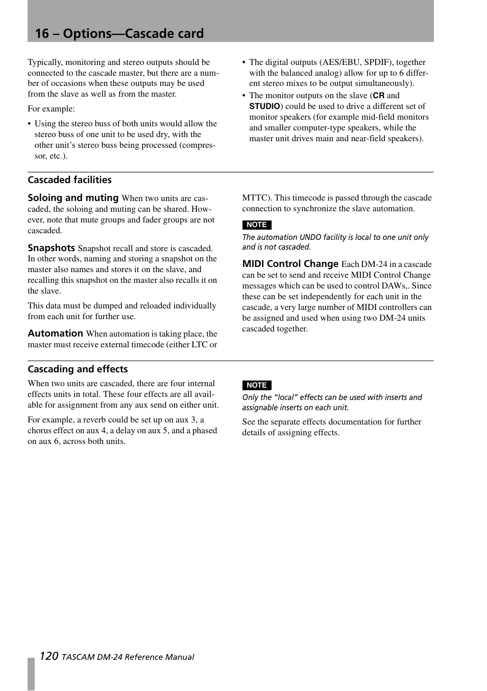 Cascaded facilities, Soloing and muting, Snapshots | Automation, Midi control change, Cascading and effects, 16 – options—cascade card | Teac DM-24 User Manual | Page 120 / 146