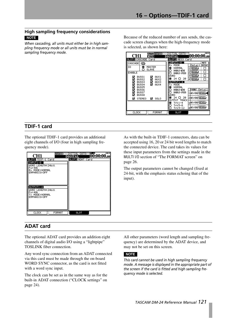 High sampling frequency considerations, Tdif-1 card, Adat card | 16 – options—tdif-1 card | Teac DM-24 User Manual | Page 121 / 146