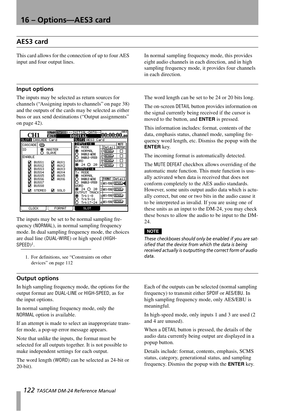 Aes3 card, Input options, Output options | Input options output options, 16 – options—aes3 card | Teac DM-24 User Manual | Page 122 / 146