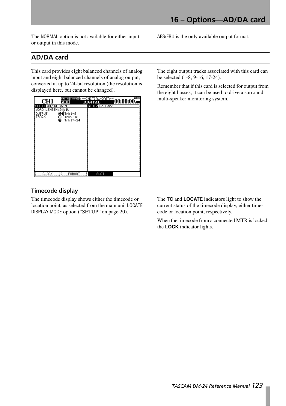 Ad/da card, Timecode display, 16 – options—ad/da card | Teac DM-24 User Manual | Page 123 / 146