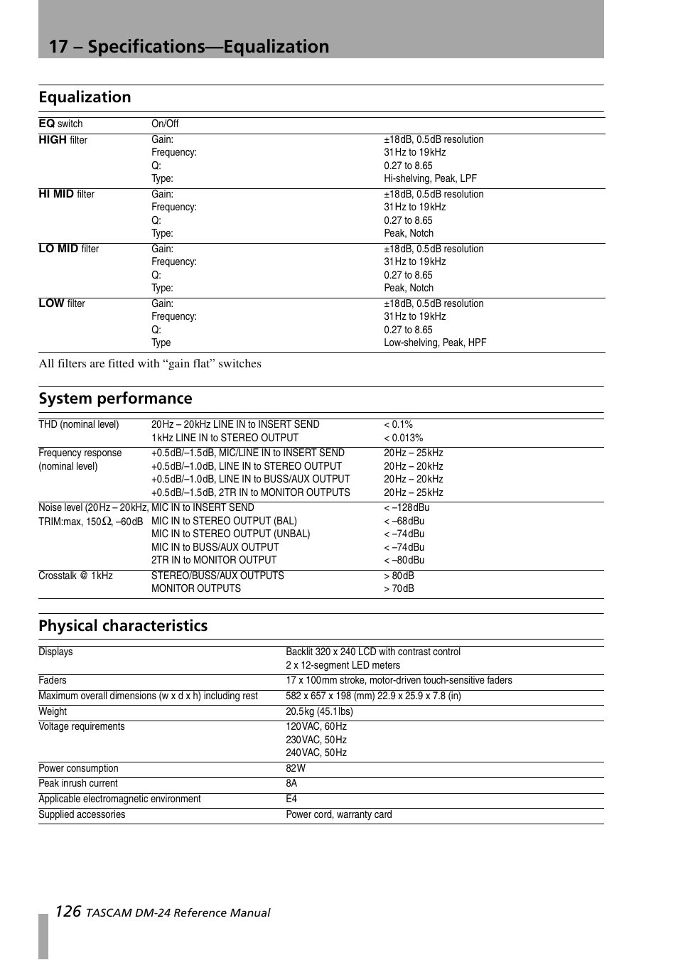 Equalization, System performance, Physical characteristics | 17 – specifications—equalization, System performance physical characteristics | Teac DM-24 User Manual | Page 126 / 146