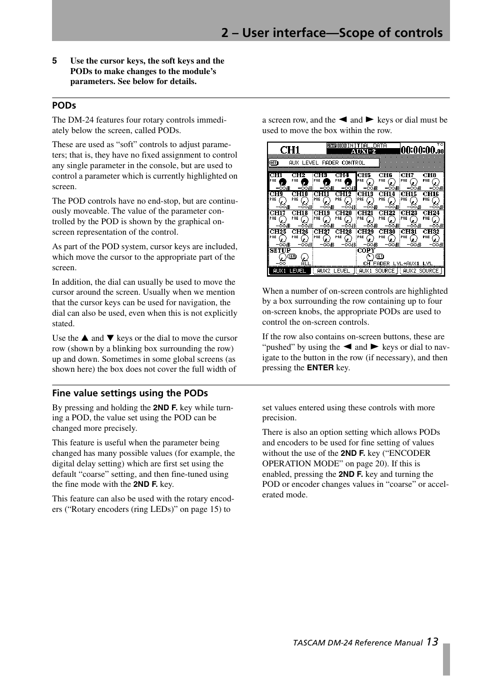 Pods, Fine value settings using the pods, Pods fine value settings using the pods | 2 – user interface—scope of controls | Teac DM-24 User Manual | Page 13 / 146