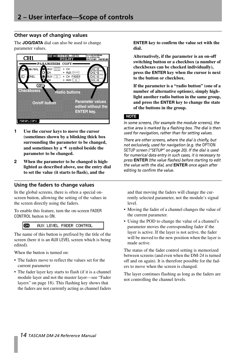 Other ways of changing values, Using the faders to change values, 2 – user interface—scope of controls | Teac DM-24 User Manual | Page 14 / 146