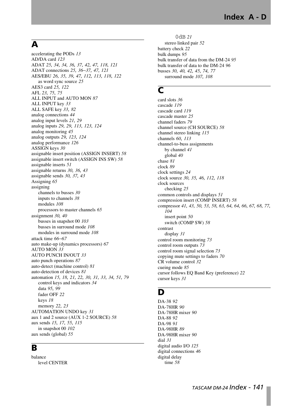 Index a - d, Index - 141 | Teac DM-24 User Manual | Page 141 / 146