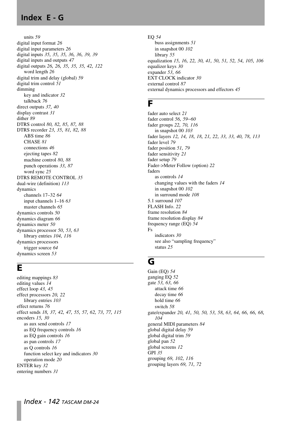 Index e - g, Index - 142 | Teac DM-24 User Manual | Page 142 / 146