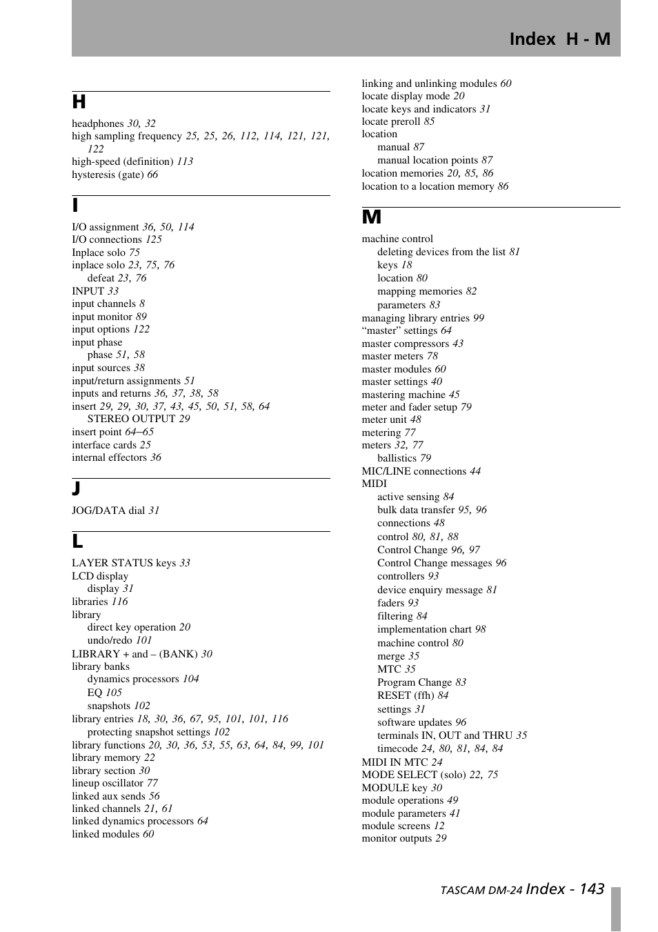 Index h - m, Index - 143 | Teac DM-24 User Manual | Page 143 / 146