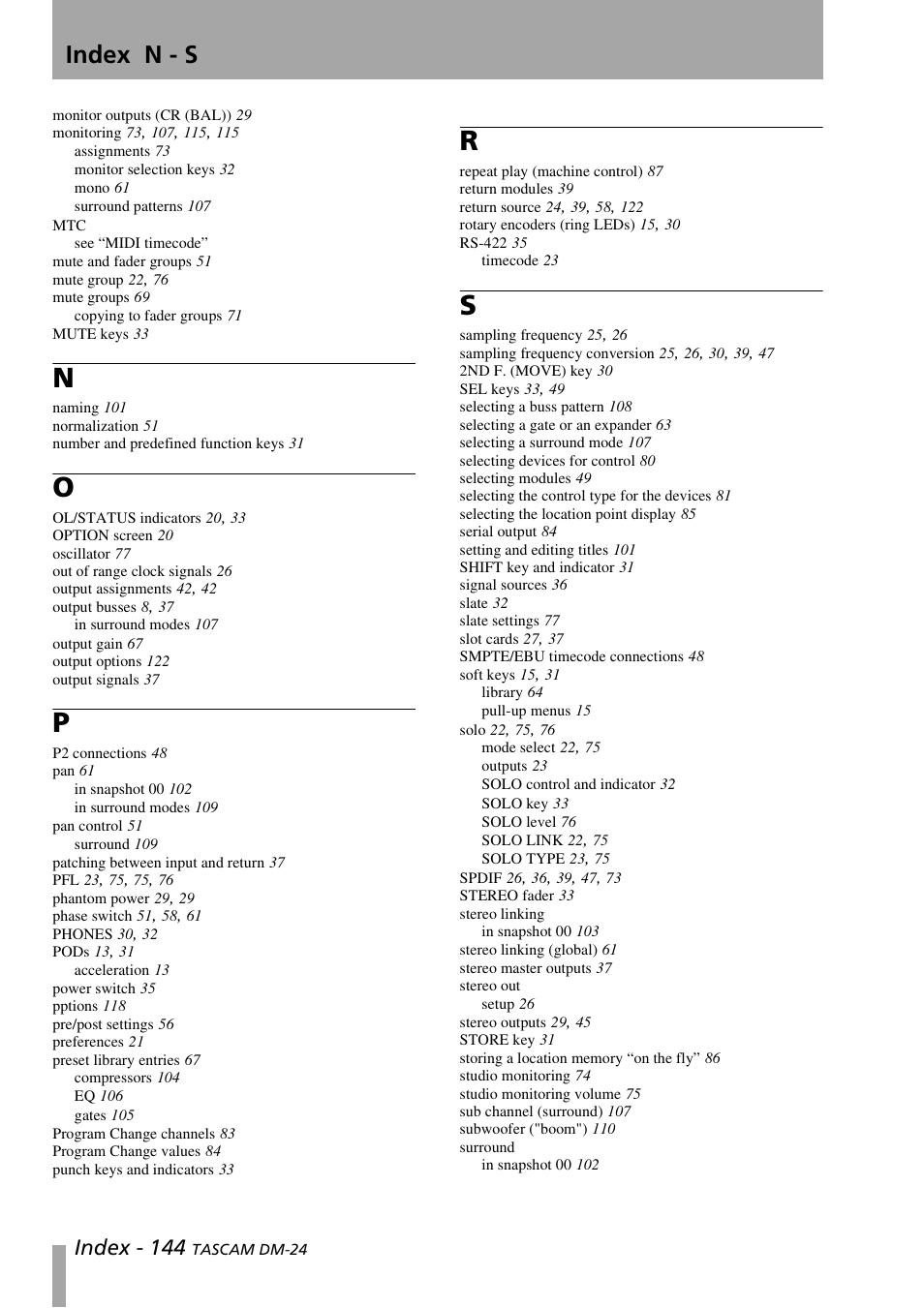 Index n - s, Index - 144 | Teac DM-24 User Manual | Page 144 / 146