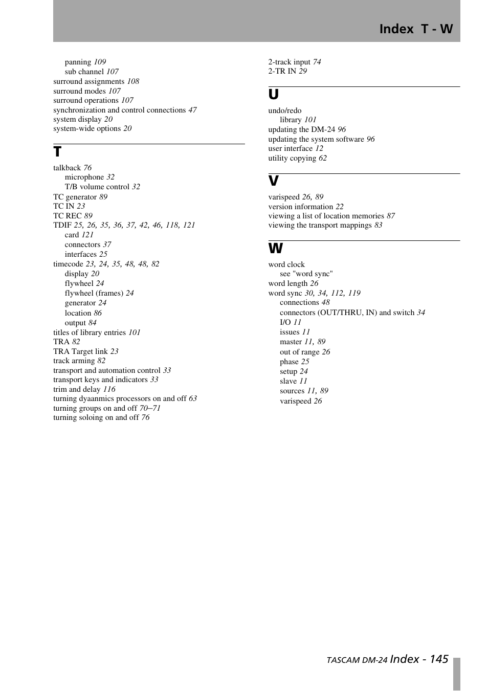 Index t - w, Index - 145 | Teac DM-24 User Manual | Page 145 / 146