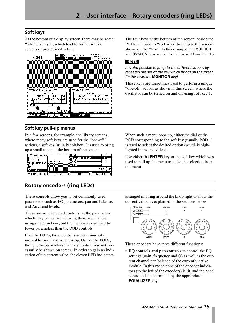 Soft keys, Soft key pull-up menus, Rotary encoders (ring leds) | 2 – user interface—rotary encoders (ring leds) | Teac DM-24 User Manual | Page 15 / 146