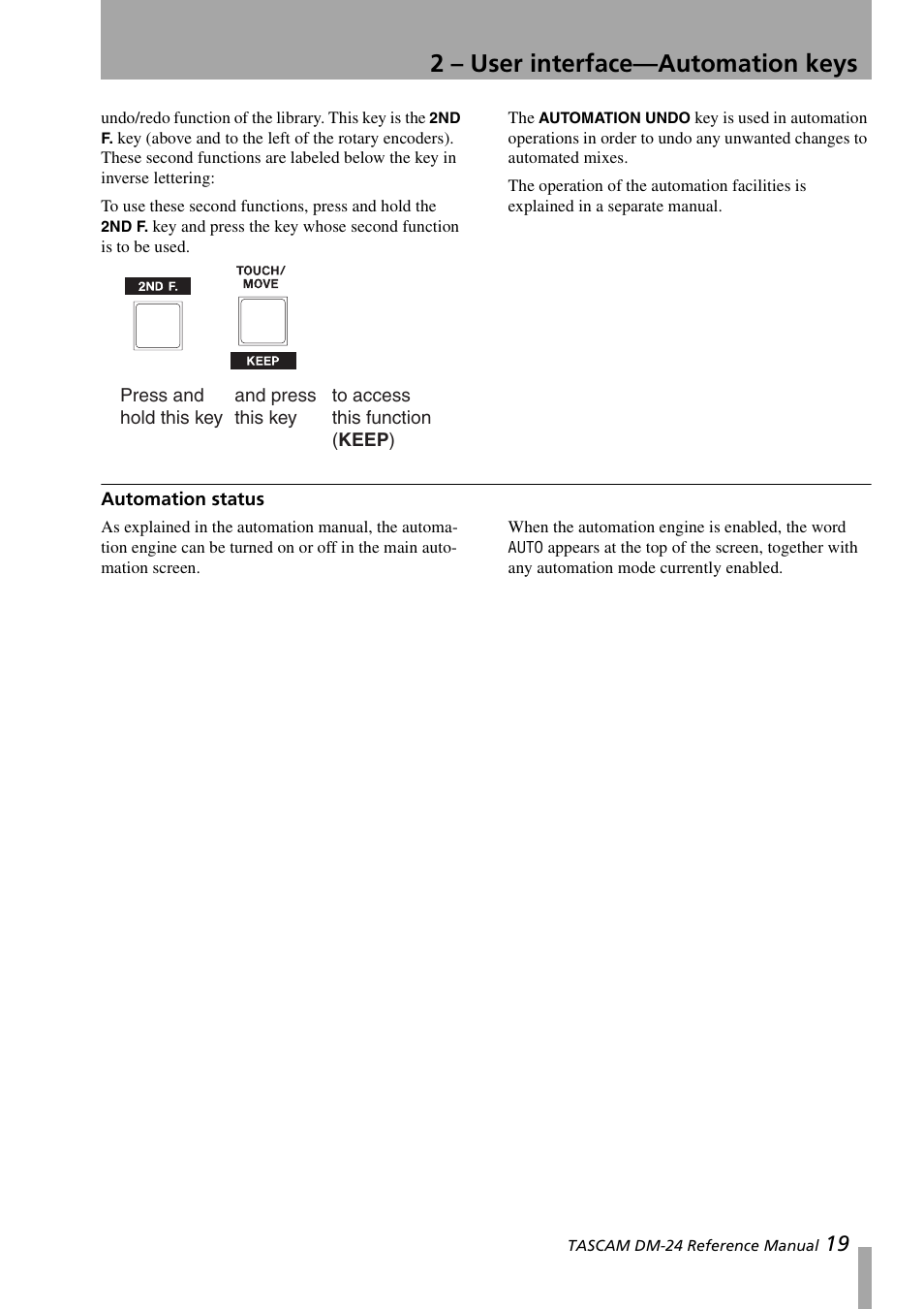 Automation status, 2 – user interface—automation keys | Teac DM-24 User Manual | Page 19 / 146