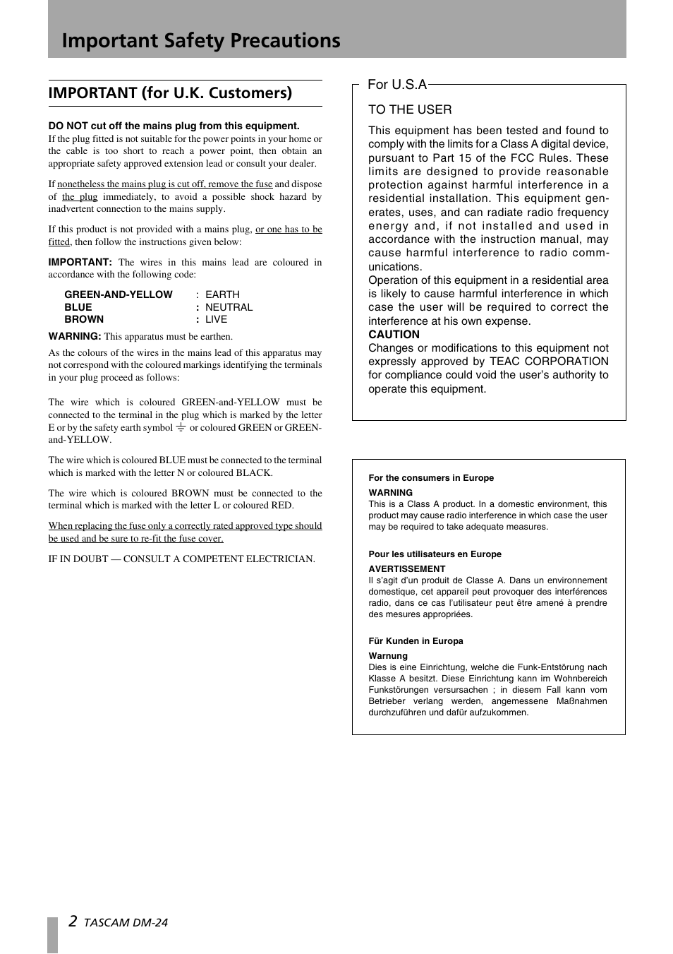 Important safety precautions, Important (for u.k. customers), For u.s.a | Teac DM-24 User Manual | Page 2 / 146