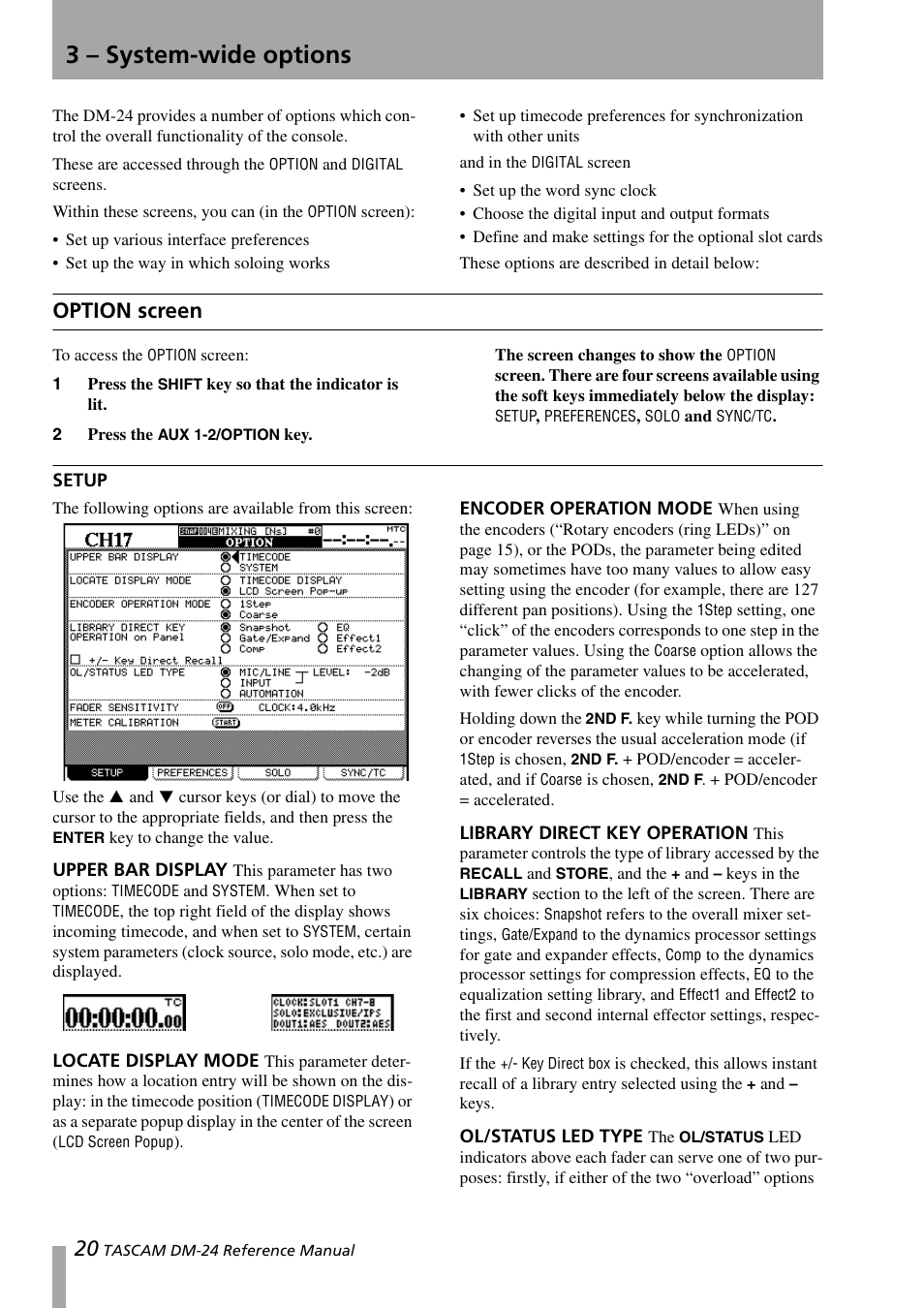 3 – system-wide options, Option screen, Setup | Upper bar display, Locate display mode, Encoder operation mode, Library direct key operation, Ol/status led type | Teac DM-24 User Manual | Page 20 / 146