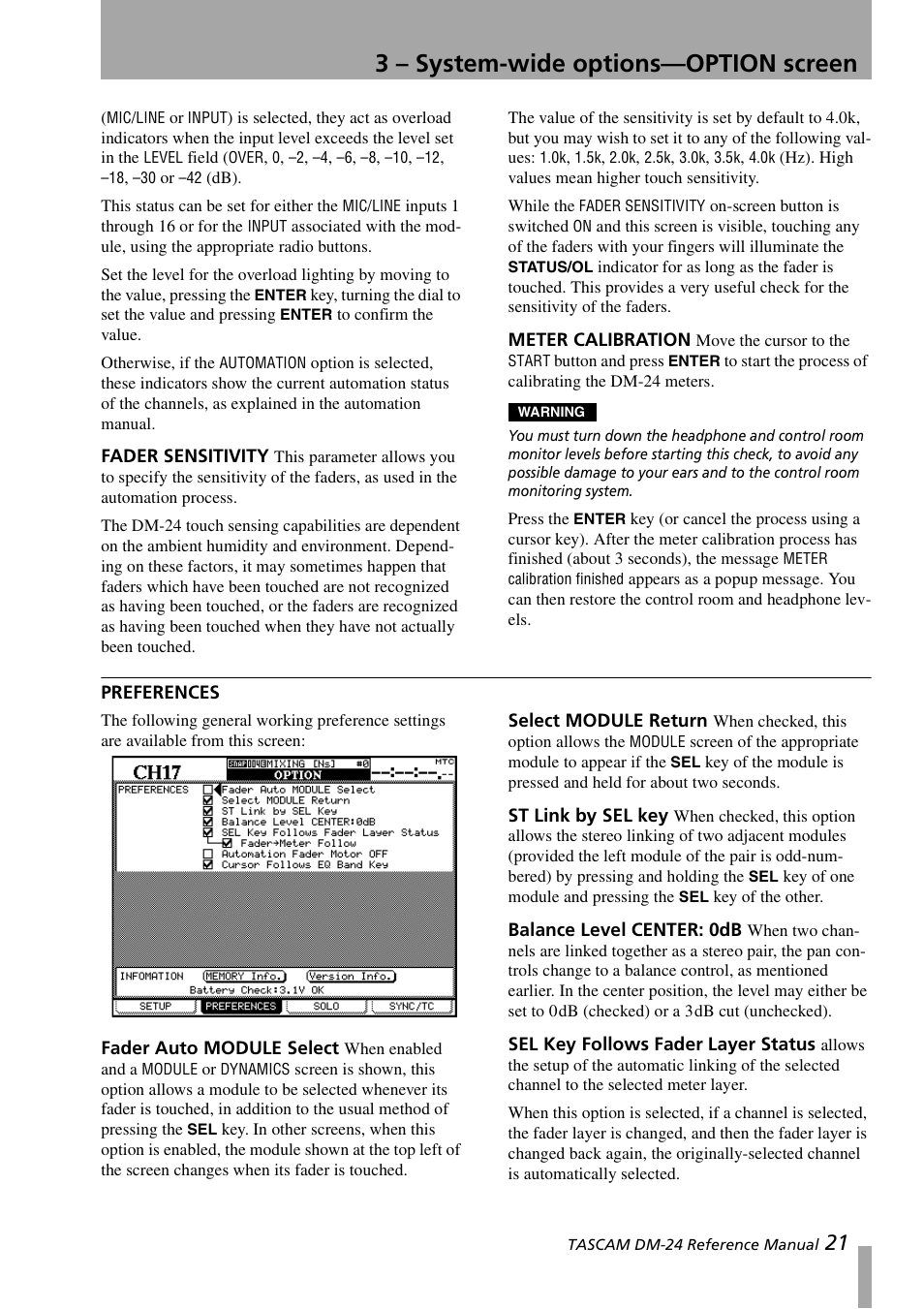 Fader sensitivity, Meter calibration, Preferences | Fader auto module select, Select module return, St link by sel key, Balance level center: 0db, Sel key follows fader layer status, Fader sensitivity meter calibration, 3 – system-wide options—option screen | Teac DM-24 User Manual | Page 21 / 146