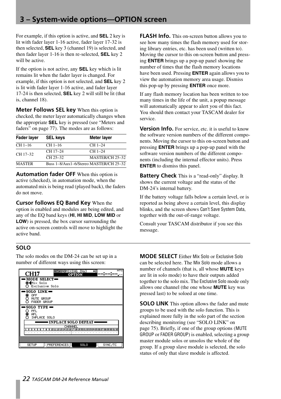 Meter follows sel key, Automation fader off, Cursor follows eq band key | Flash info, Version info, Battery check, Solo, Mode select, Solo link, Mode select solo link | Teac DM-24 User Manual | Page 22 / 146