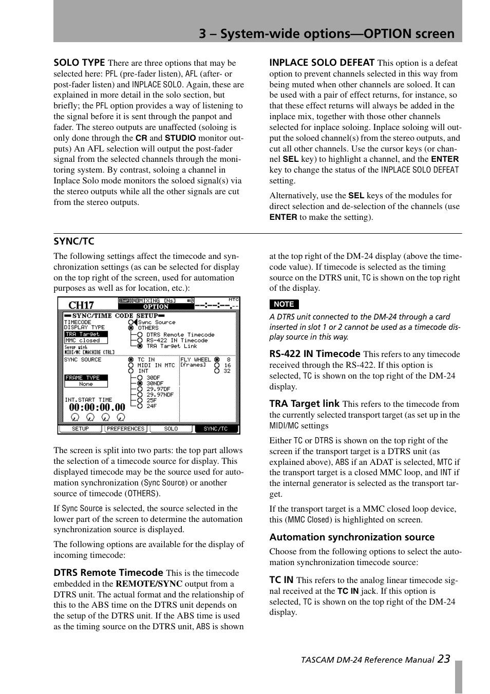 Solo type, Inplace solo defeat, Sync/tc | Dtrs remote timecode, Rs-422 in timecode, Tra target link, Automation synchronization source, Tc in, Solo type inplace solo defeat, 3 – system-wide options—option screen | Teac DM-24 User Manual | Page 23 / 146