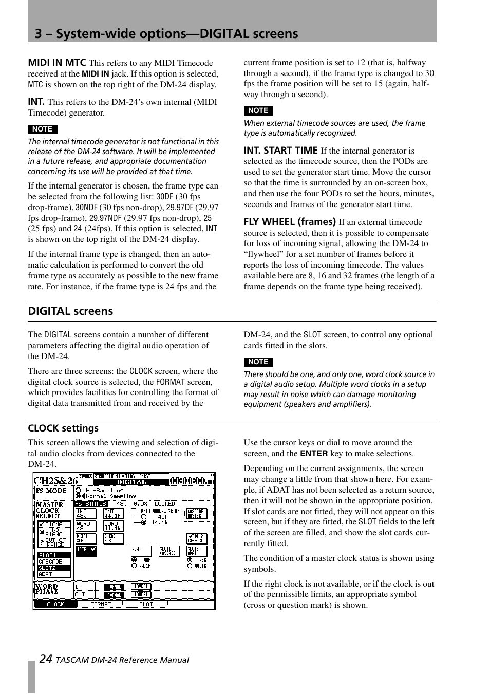 Midi in mtc, Int. start time, Fly wheel (frames) | Digital screens, Clock settings, Midi in mtc int int. start time, 3 – system-wide options—digital screens | Teac DM-24 User Manual | Page 24 / 146