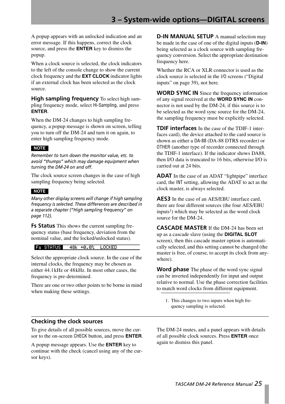 High sampling frequency, Fs status, D-in manual setup | Word sync in, Tdif interfaces, Adat, Aes3, Cascade master, Word phase, Checking the clock sources | Teac DM-24 User Manual | Page 25 / 146