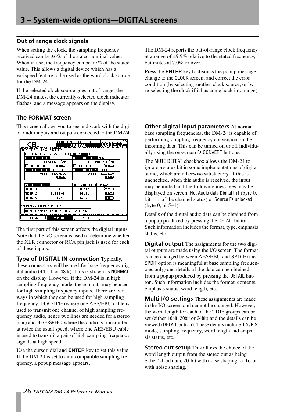 Out of range clock signals, The format screen, Type of digital in connection | Other digital input parameters, Digital output, Multi i/o settings, Stereo out setup, Out of range clock signals the format screen, 3 – system-wide options—digital screens | Teac DM-24 User Manual | Page 26 / 146