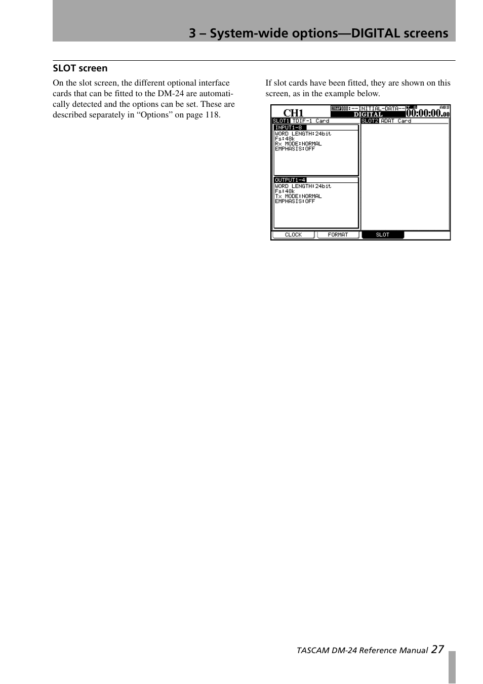 Slot screen, 3 – system-wide options—digital screens | Teac DM-24 User Manual | Page 27 / 146