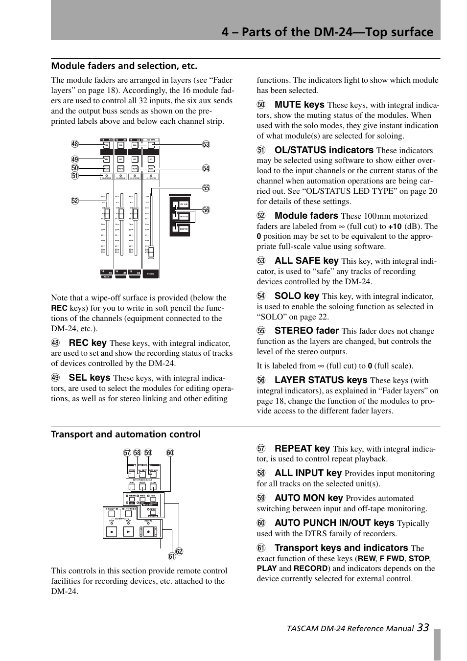 Module faders and selection, etc, Transport and automation control, 4 – parts of the dm-24—top surface | Teac DM-24 User Manual | Page 33 / 146