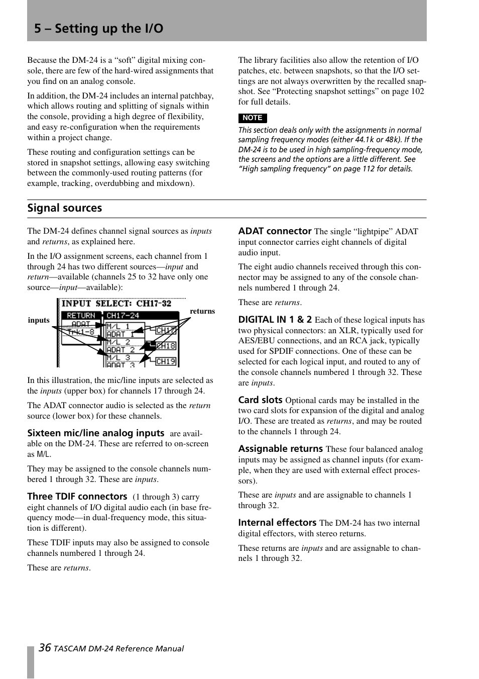 5 – setting up the i/o, Signal sources, Sixteen mic/line analog inputs | Three tdif connectors, Adat connector, Digital in 1 & 2, Card slots, Assignable returns, Internal effectors | Teac DM-24 User Manual | Page 36 / 146