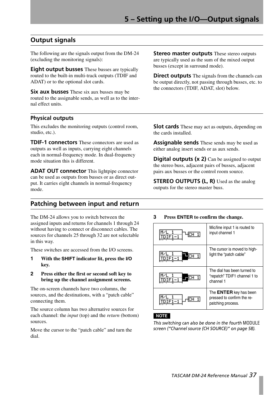 Output signals, Eight output busses, Six aux busses | Stereo master outputs, Direct outputs, Physical outputs, Tdif-1 connectors, Adat out connector, Slot cards, Assignable sends | Teac DM-24 User Manual | Page 37 / 146