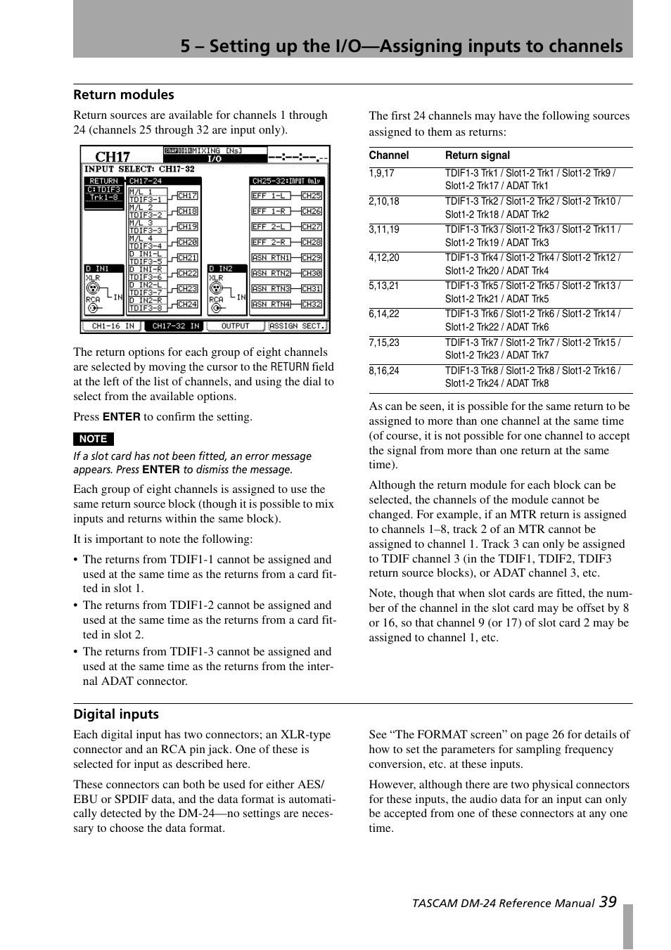 Return modules, Digital inputs, Return modules digital inputs | Teac DM-24 User Manual | Page 39 / 146