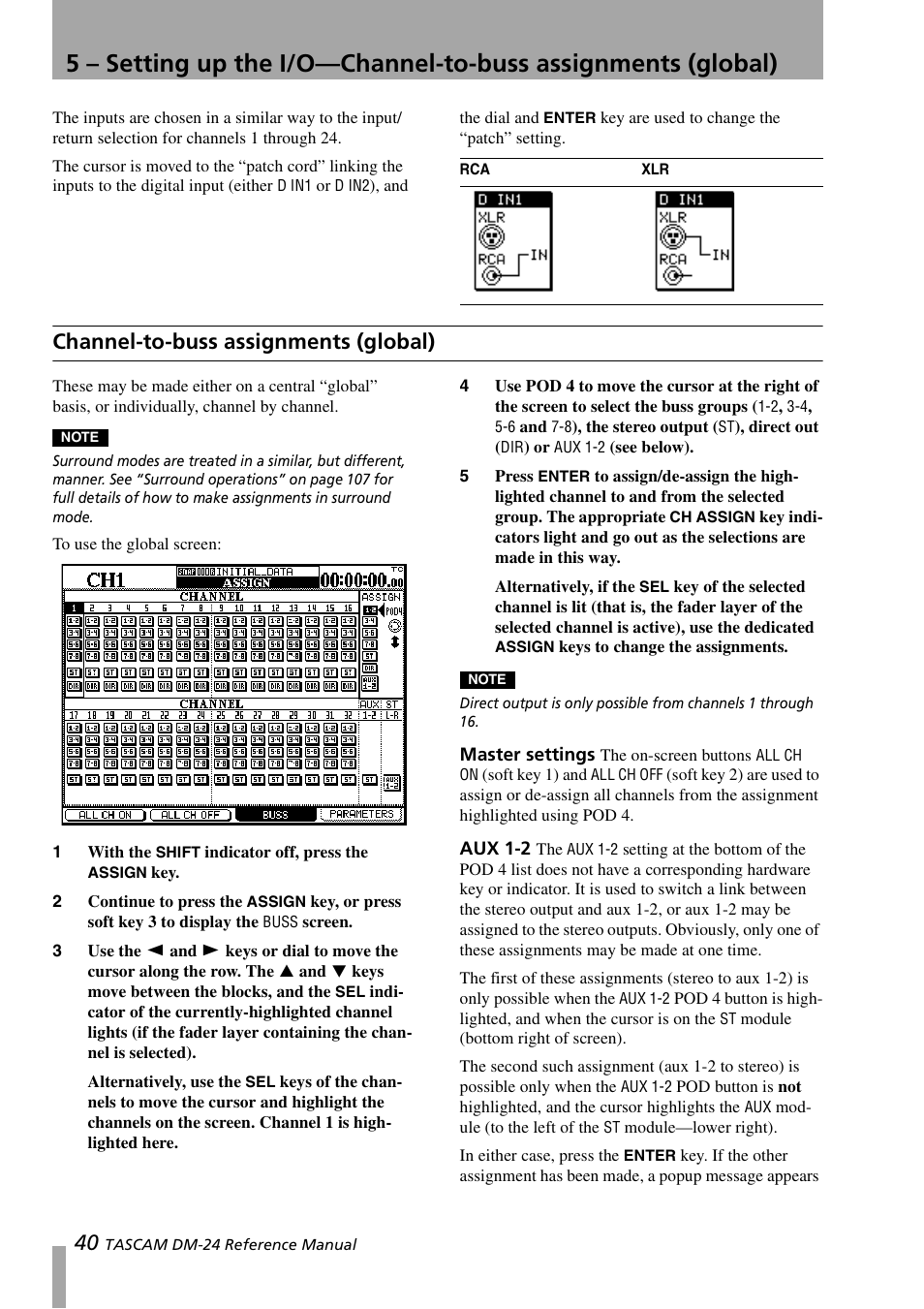 Channel-to-buss assignments (global), Master settings, Aux 1-2 | Master settings aux 1-2 | Teac DM-24 User Manual | Page 40 / 146