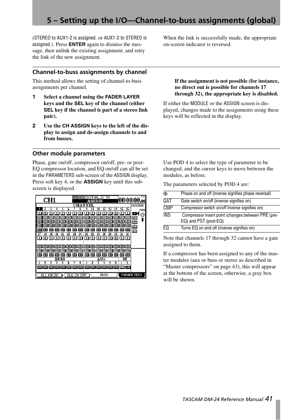 Channel-to-buss assignments by channel, Other module parameters | Teac DM-24 User Manual | Page 41 / 146