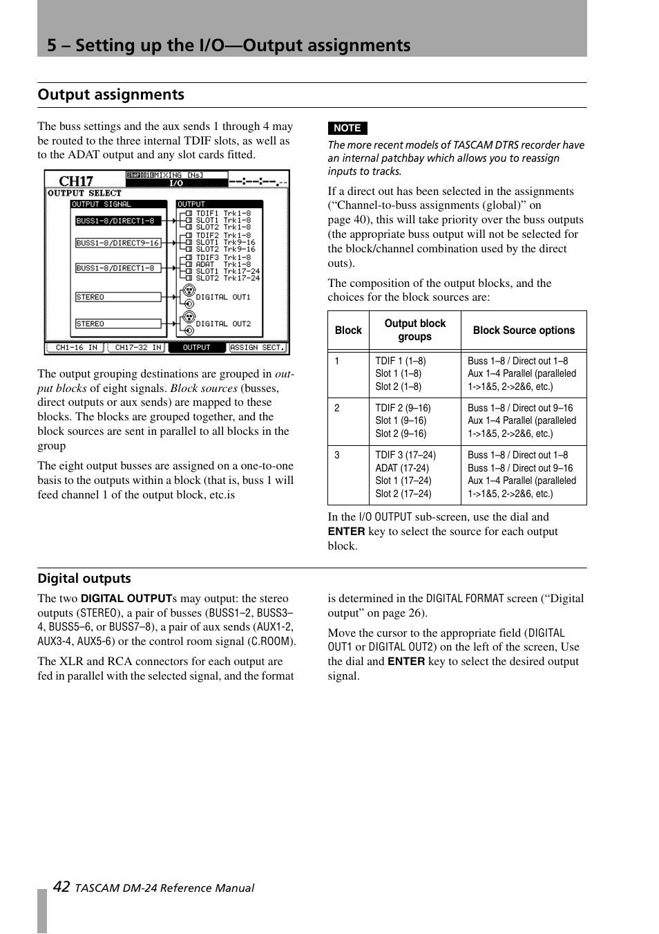 Output assignments, Digital outputs, 5 – setting up the i/o—output assignments | Teac DM-24 User Manual | Page 42 / 146