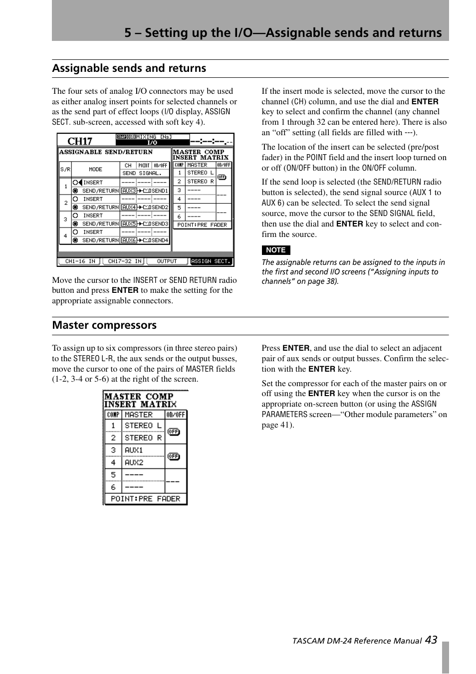 Assignable sends and returns, Master compressors, Assignable sends and returns master compressors | 43 assignable sends and returns | Teac DM-24 User Manual | Page 43 / 146