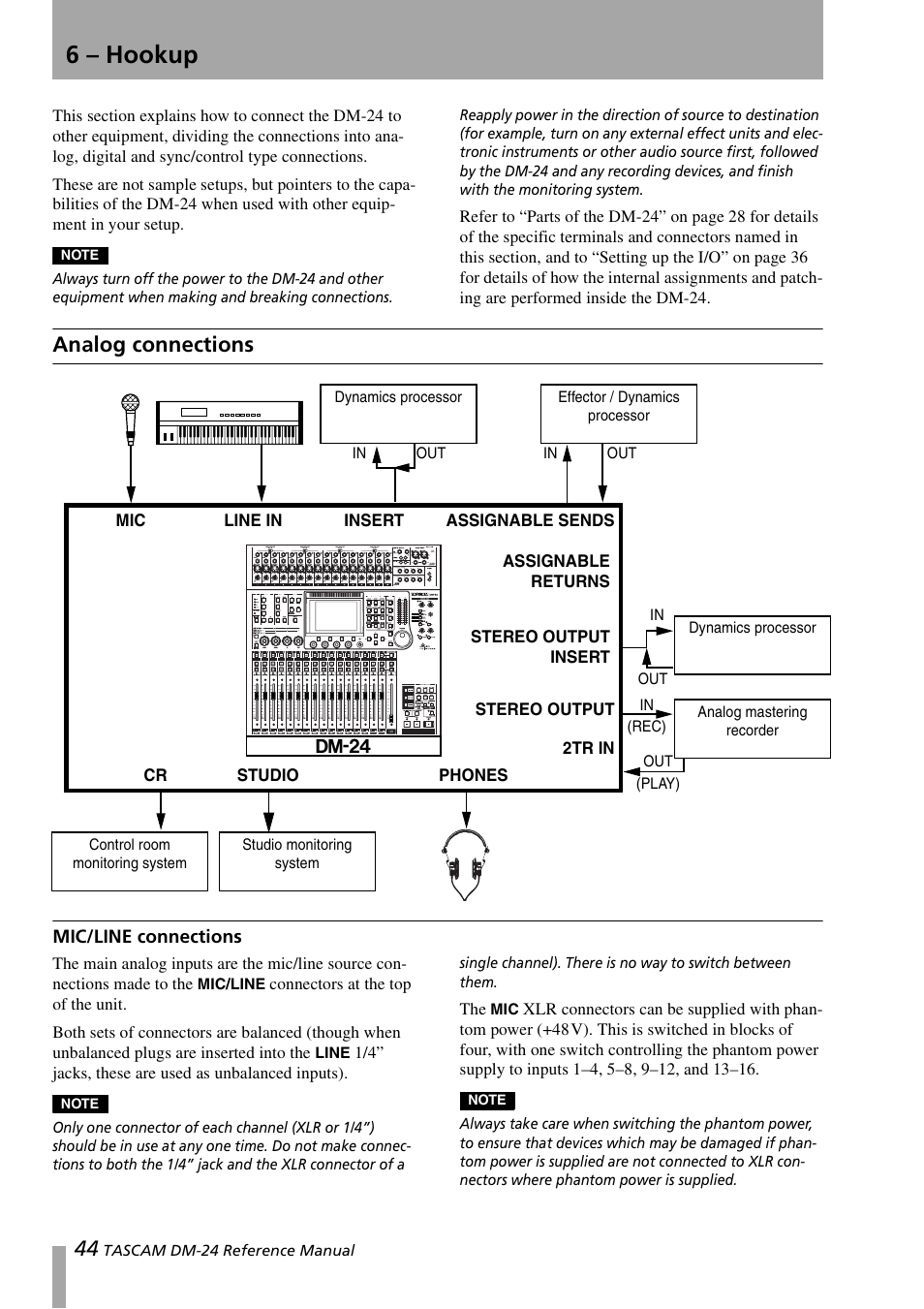 6 – hookup, Analog connections, Mic/line connections | Teac DM-24 User Manual | Page 44 / 146