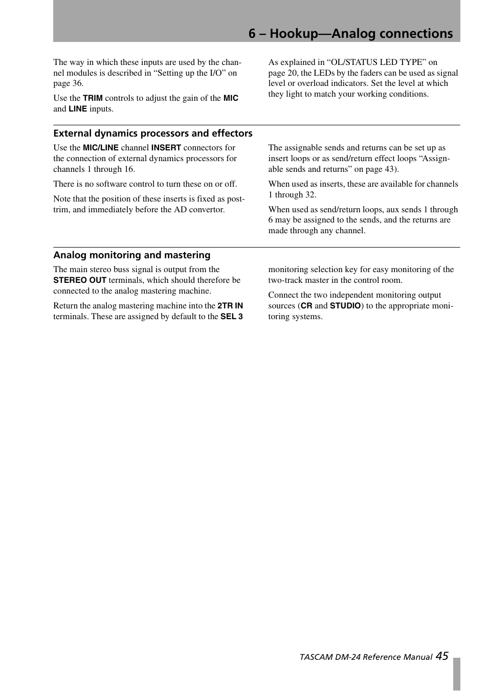 External dynamics processors and effectors, Analog monitoring and mastering, 6 – hookup—analog connections | Teac DM-24 User Manual | Page 45 / 146