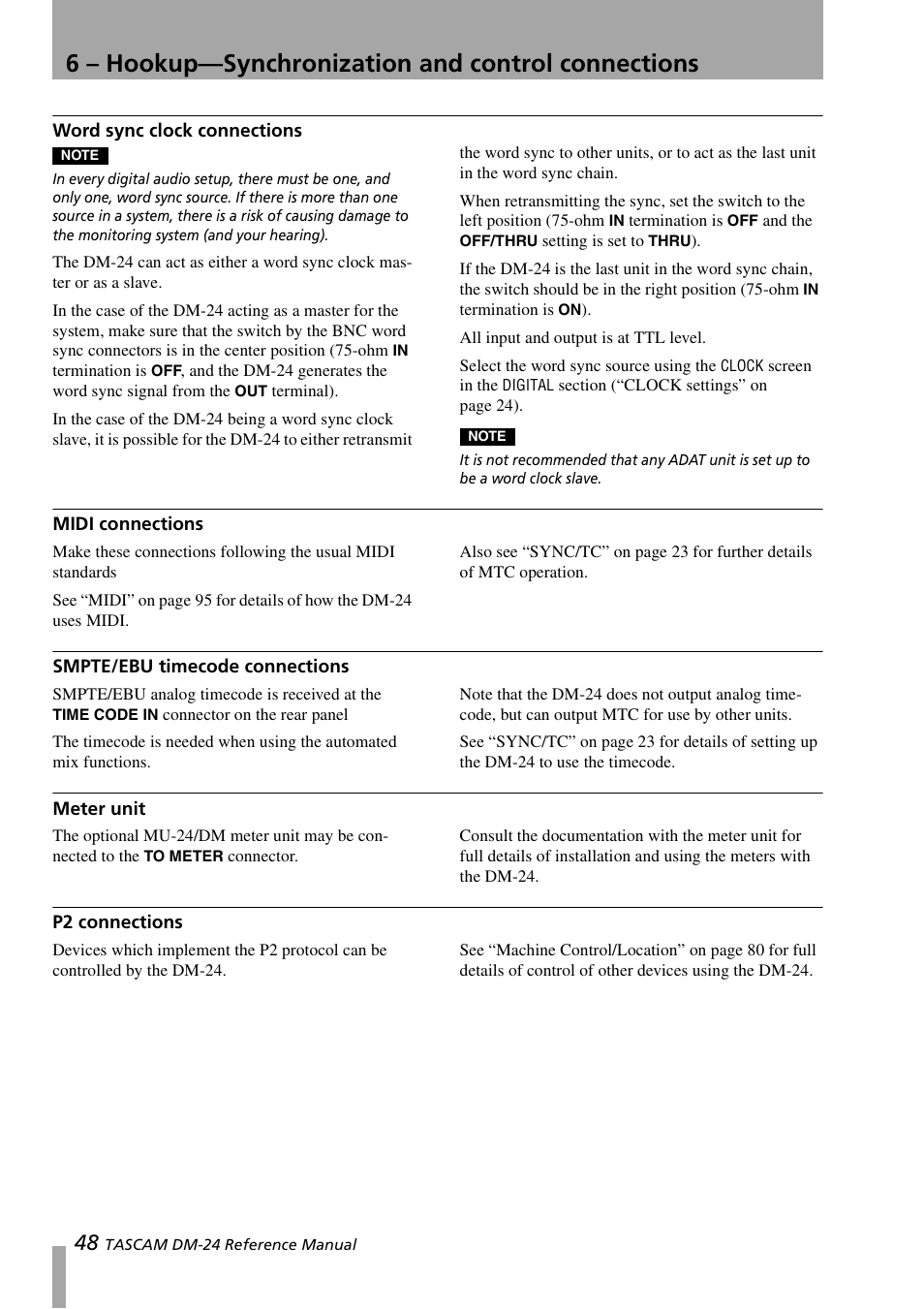 Word sync clock connections, Midi connections, Smpte/ebu timecode connections | Meter unit, P2 connections, 6 – hookup—synchronization and control connections | Teac DM-24 User Manual | Page 48 / 146