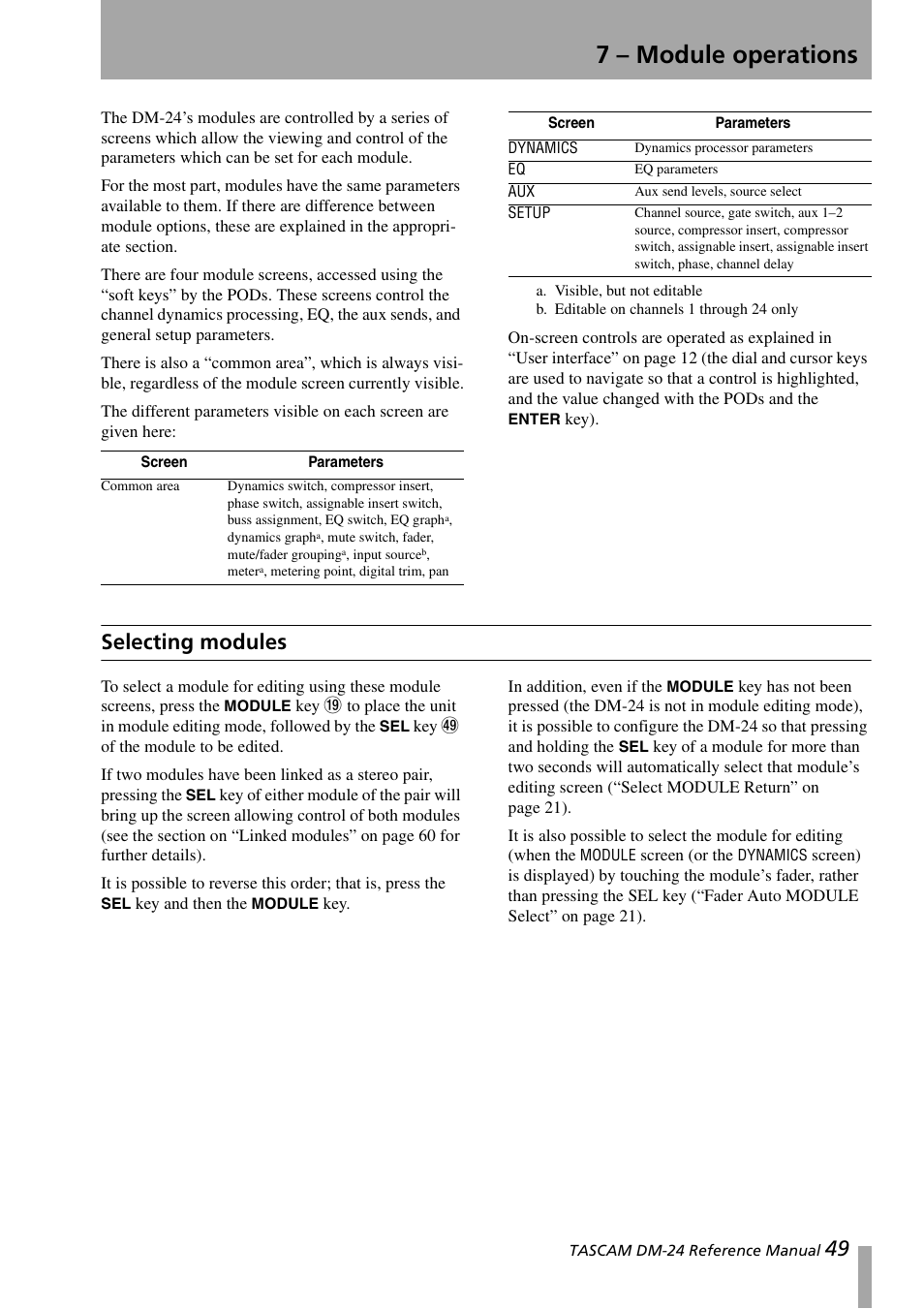 7 – module operations, Selecting modules | Teac DM-24 User Manual | Page 49 / 146