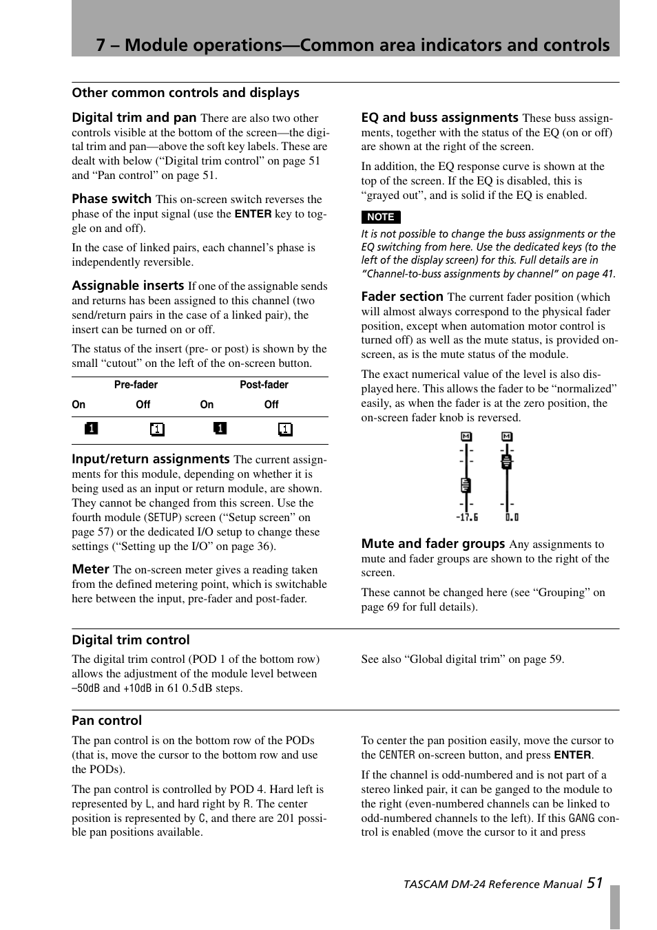 Other common controls and displays, Digital trim and pan, Phase switch | Assignable inserts, Input/return assignments, Meter, Eq and buss assignments, Fader section, Mute and fader groups, Digital trim control | Teac DM-24 User Manual | Page 51 / 146