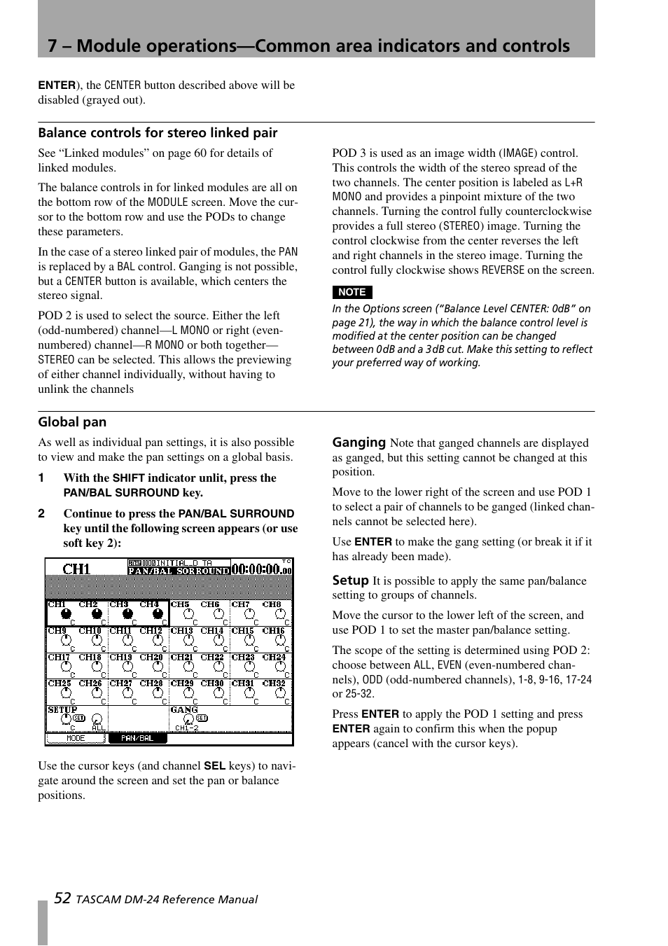 Balance controls for stereo linked pair, Global pan, Ganging | Setup, Ganging setup | Teac DM-24 User Manual | Page 52 / 146