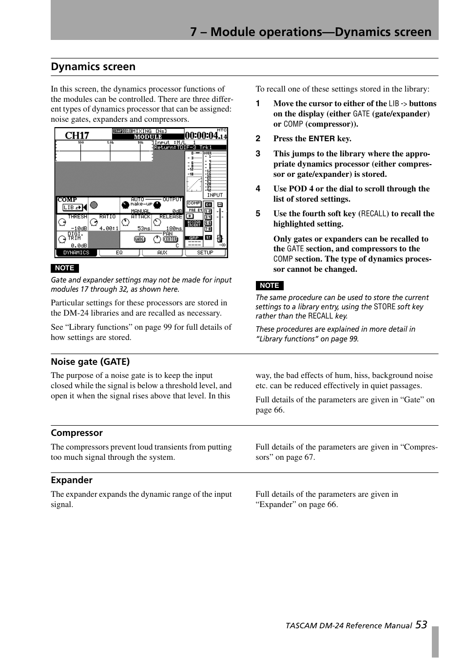 Dynamics screen, Noise gate (gate), Compressor | Expander, Noise gate (gate) compressor expander, 7 – module operations—dynamics screen, 53 dynamics screen | Teac DM-24 User Manual | Page 53 / 146