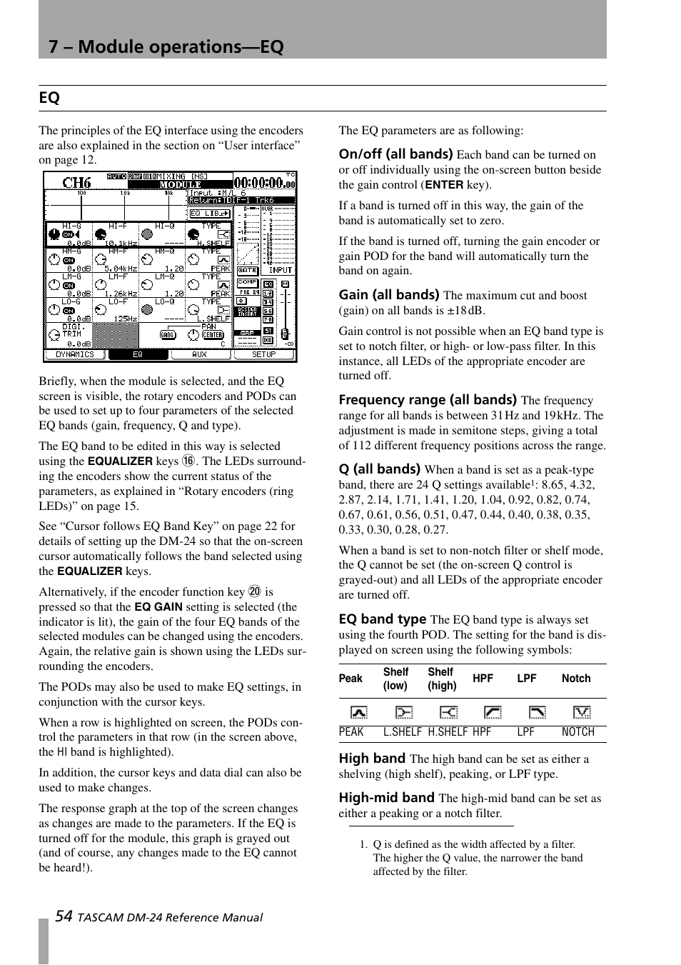 On/off (all bands), Gain (all bands), Frequency range (all bands) | Q (all bands), Eq band type, High band, High-mid band, 7 – module operations—eq | Teac DM-24 User Manual | Page 54 / 146