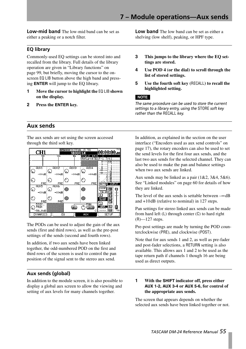 Low-mid band, Low band, Eq library | Aux sends, Aux sends (global), Low-mid band low band, 7 – module operations—aux sends | Teac DM-24 User Manual | Page 55 / 146