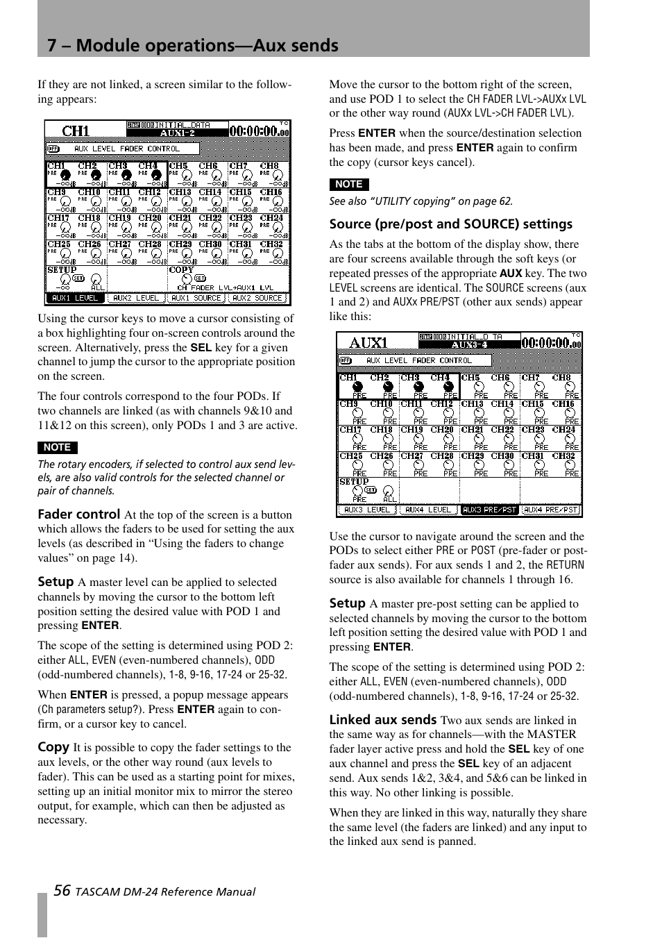 Fader control, Setup, Copy | Source (pre/post and source) settings, Linked aux sends, Fader control setup copy, 7 – module operations—aux sends | Teac DM-24 User Manual | Page 56 / 146