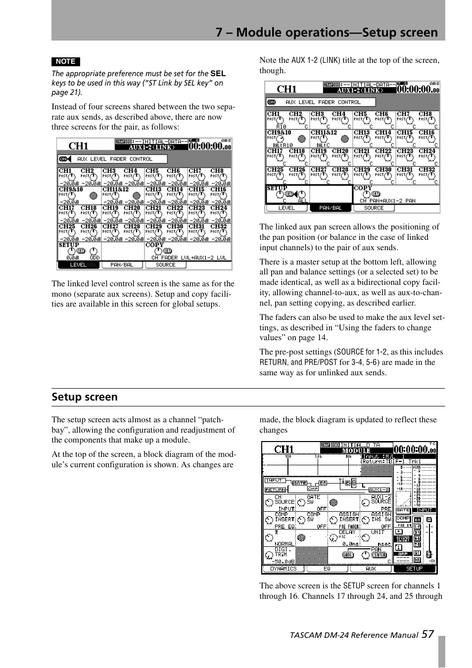 Setup screen, 7 – module operations—setup screen | Teac DM-24 User Manual | Page 57 / 146