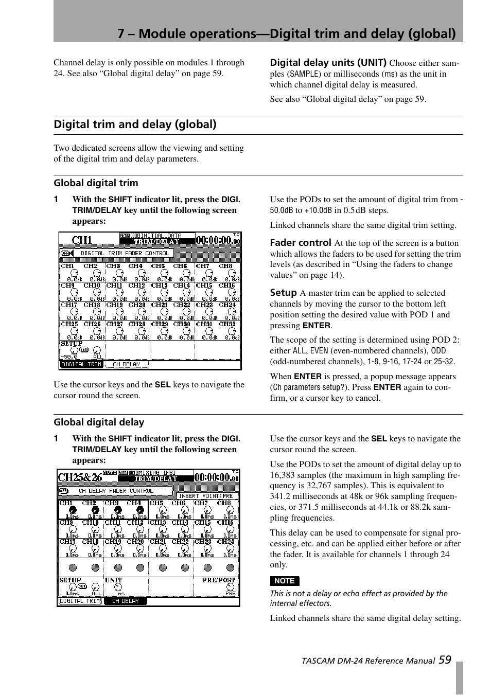 Digital delay units (unit), Digital trim and delay (global), Global digital trim | Fader control, Setup, Global digital delay, Fader control setup | Teac DM-24 User Manual | Page 59 / 146