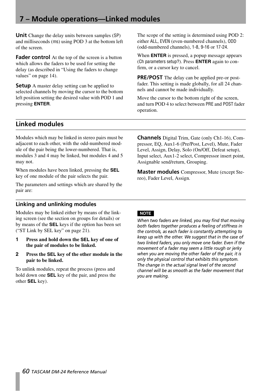 Unit, Fader control, Setup | Pre/post, Linked modules, Channels, Master modules, Linking and unlinking modules, Unit fader control setup pre/post, Channels master modules | Teac DM-24 User Manual | Page 60 / 146