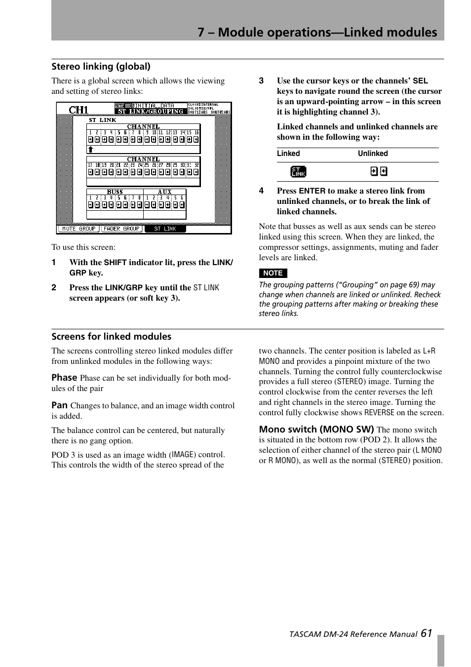 Stereo linking (global), Screens for linked modules, Phase | Mono switch (mono sw), Stereo linking (global) screens for linked modules, Phase pan mono switch (mono sw), 7 – module operations—linked modules | Teac DM-24 User Manual | Page 61 / 146