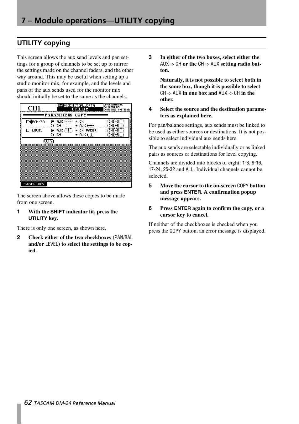 Utility copying, 7 – module operations—utility copying | Teac DM-24 User Manual | Page 62 / 146