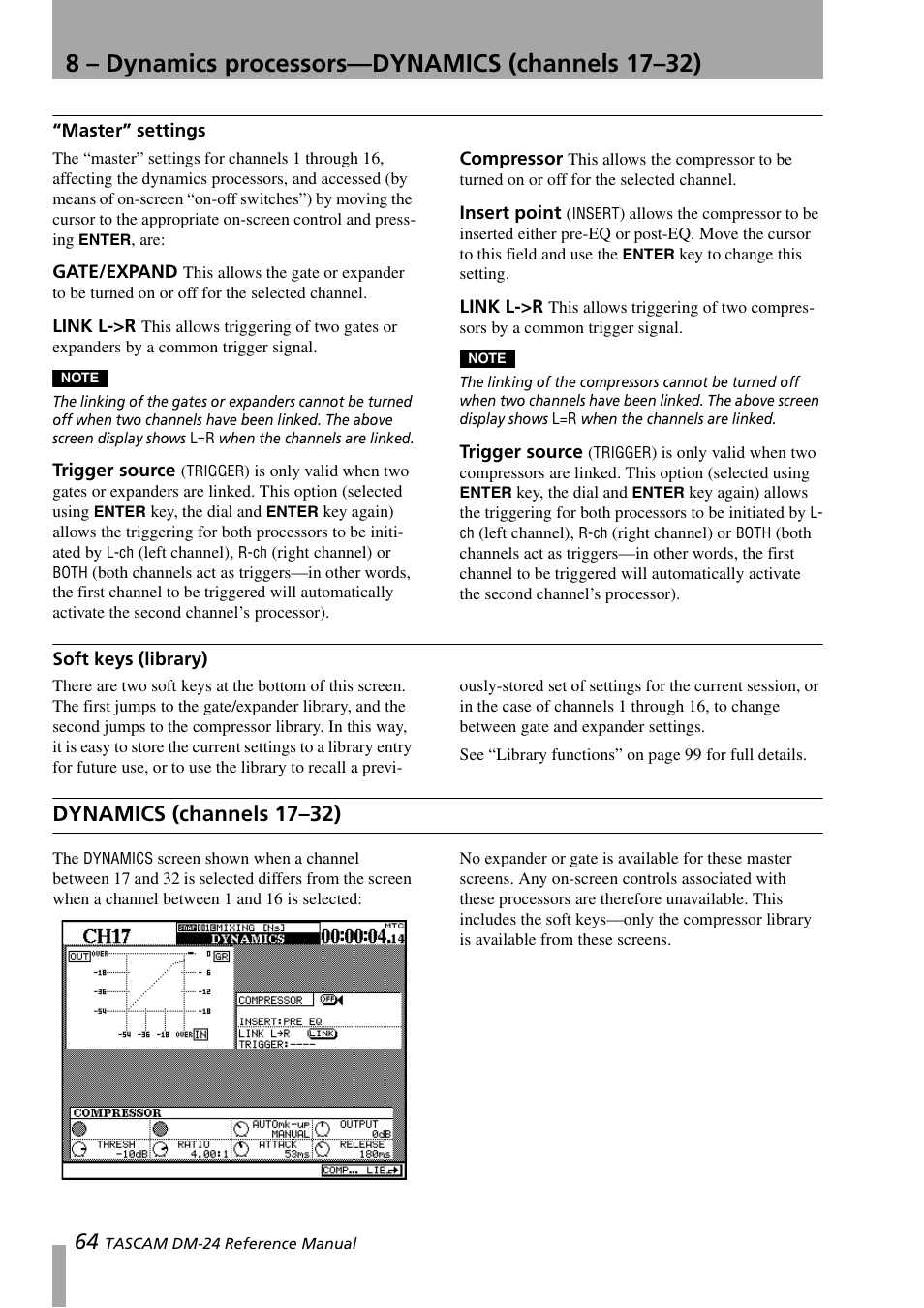 Master” settings, Gate/expand, Link l->r | Trigger source, Compressor, Insert point, Soft keys (library), Dynamics (channels 17–32), Gate/expand link l | Teac DM-24 User Manual | Page 64 / 146