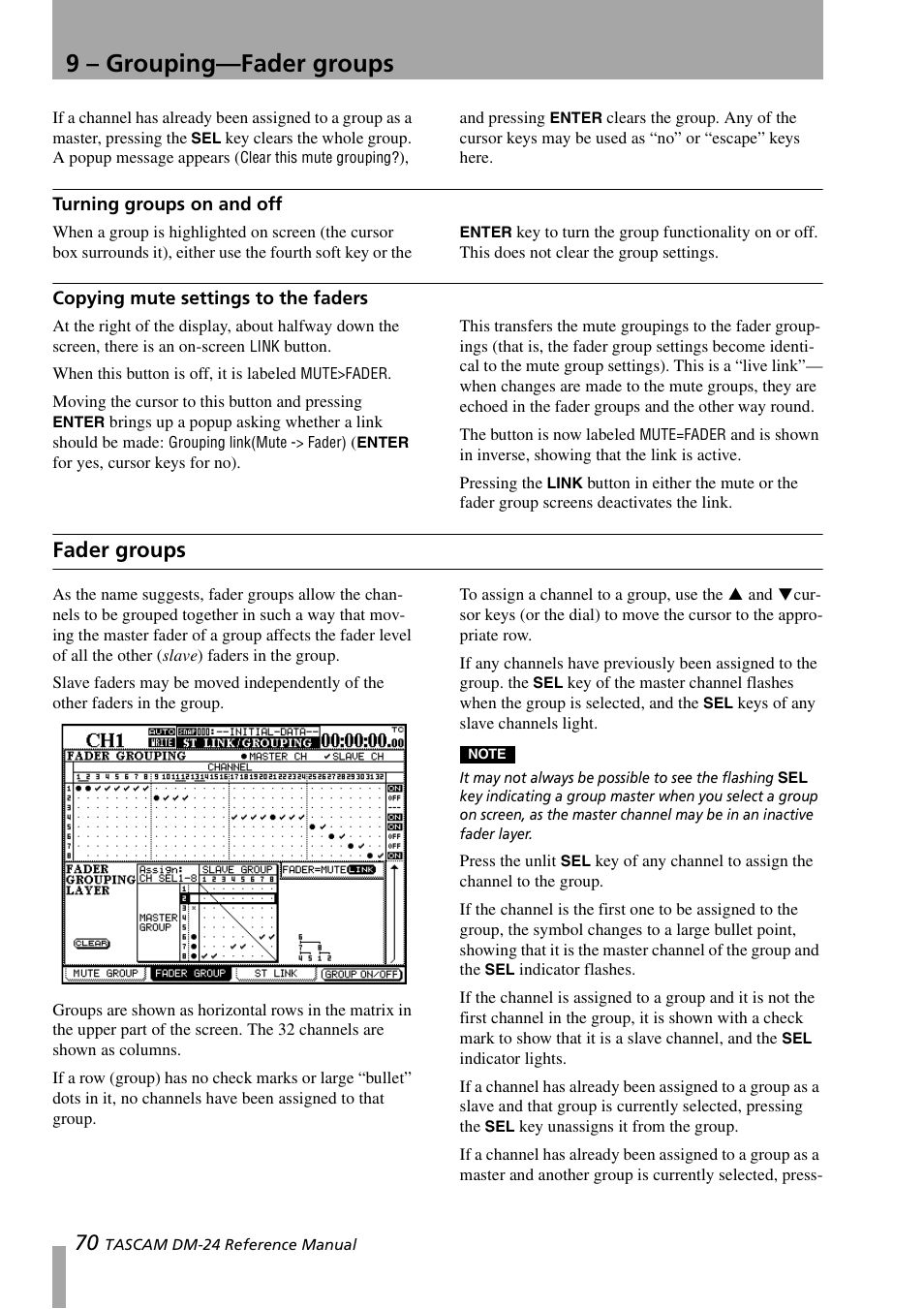 Turning groups on and off, Copying mute settings to the faders, Fader groups | 9 – grouping—fader groups | Teac DM-24 User Manual | Page 70 / 146