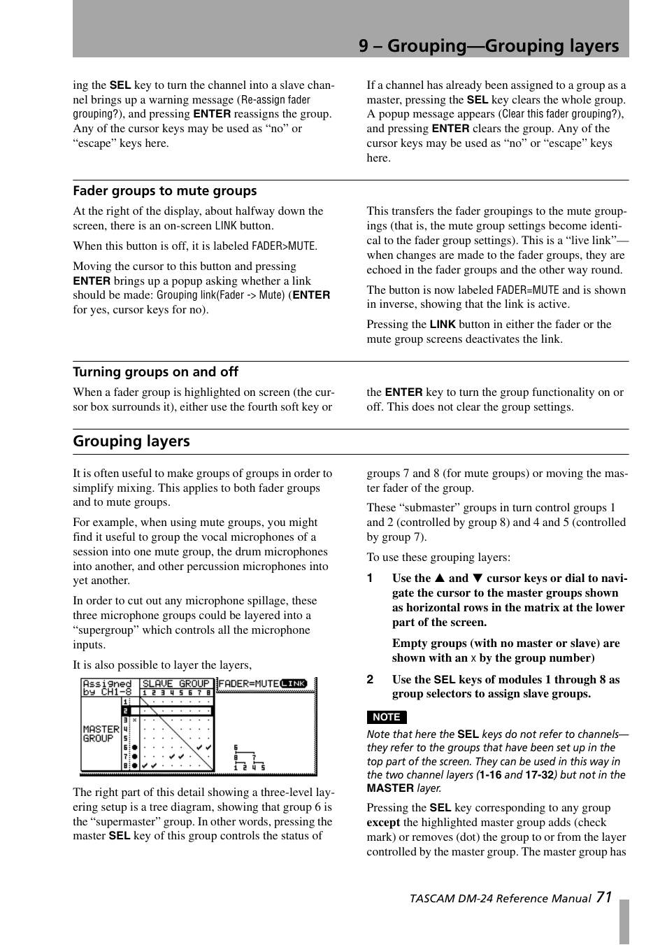 Fader groups to mute groups, Turning groups on and off, Grouping layers | 9 – grouping—grouping layers | Teac DM-24 User Manual | Page 71 / 146